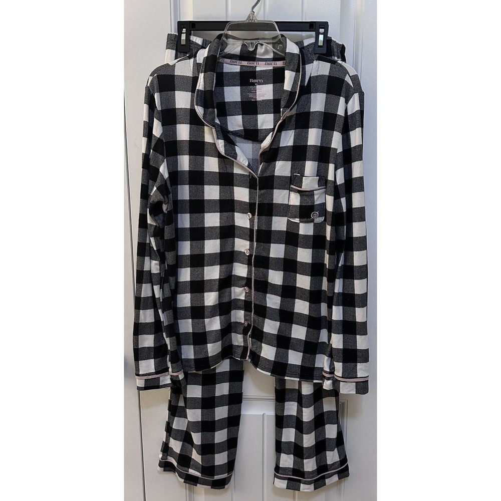 Born Long Sleeve Jersey Knit Pajama Set Black White Plaid Size XL Pink Piping